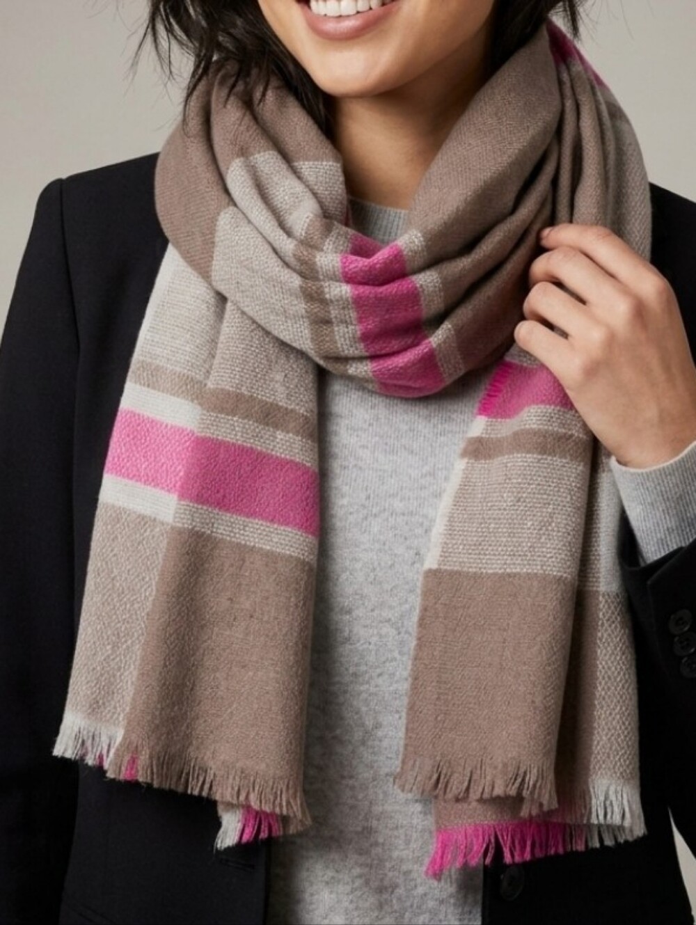 Mixit Taupe Pink White Striped Frayed Oblong Scarf Wrap Soft Fringe NWT